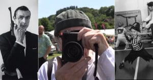 A collage with three photos: Sean Connery as James Bond holding a gun, a person outdoors photographing with a camera, and a child in a pirate costume fencing indoors.