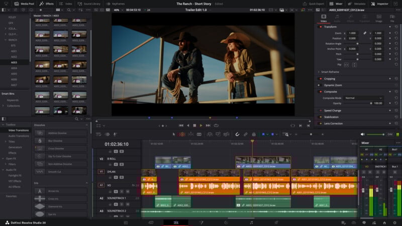 Interfaz del software de edición de video que muestra la línea de tiempo del proyecto, vista previa del video de dos hombres con sombreros de vaquero, pistas de video y audio, y varias herramientas y paneles de edición en el costado y en la parte inferior.