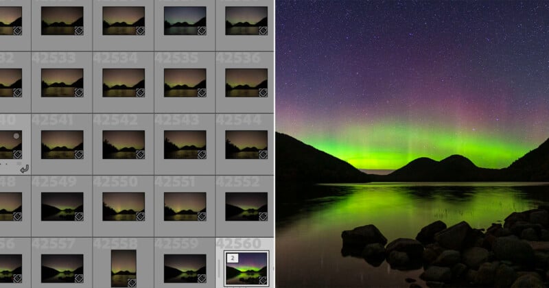 A photo editing interface shows a grid of image thumbnails on the left and a large photo of a glowing green and purple aurora over a calm lake and hills under a starry sky on the right.