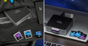 A split image shows a portable card reader with multiple SD cards on the left and the same card reader connected to a laptop with several SD cards inserted on the right.