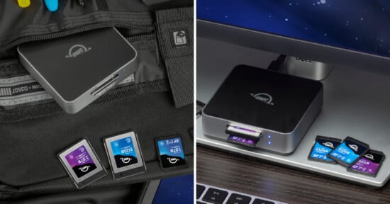 A split image shows a portable card reader with multiple SD cards on the left and the same card reader connected to a laptop with several SD cards inserted on the right.