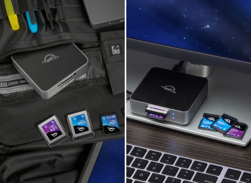 La imagen dividida muestra un lector de tarjetas portátil con varias tarjetas SD a la izquierda, el mismo lector de tarjetas conectado a una computadora portátil a la derecha y varias tarjetas SD insertadas a la derecha.