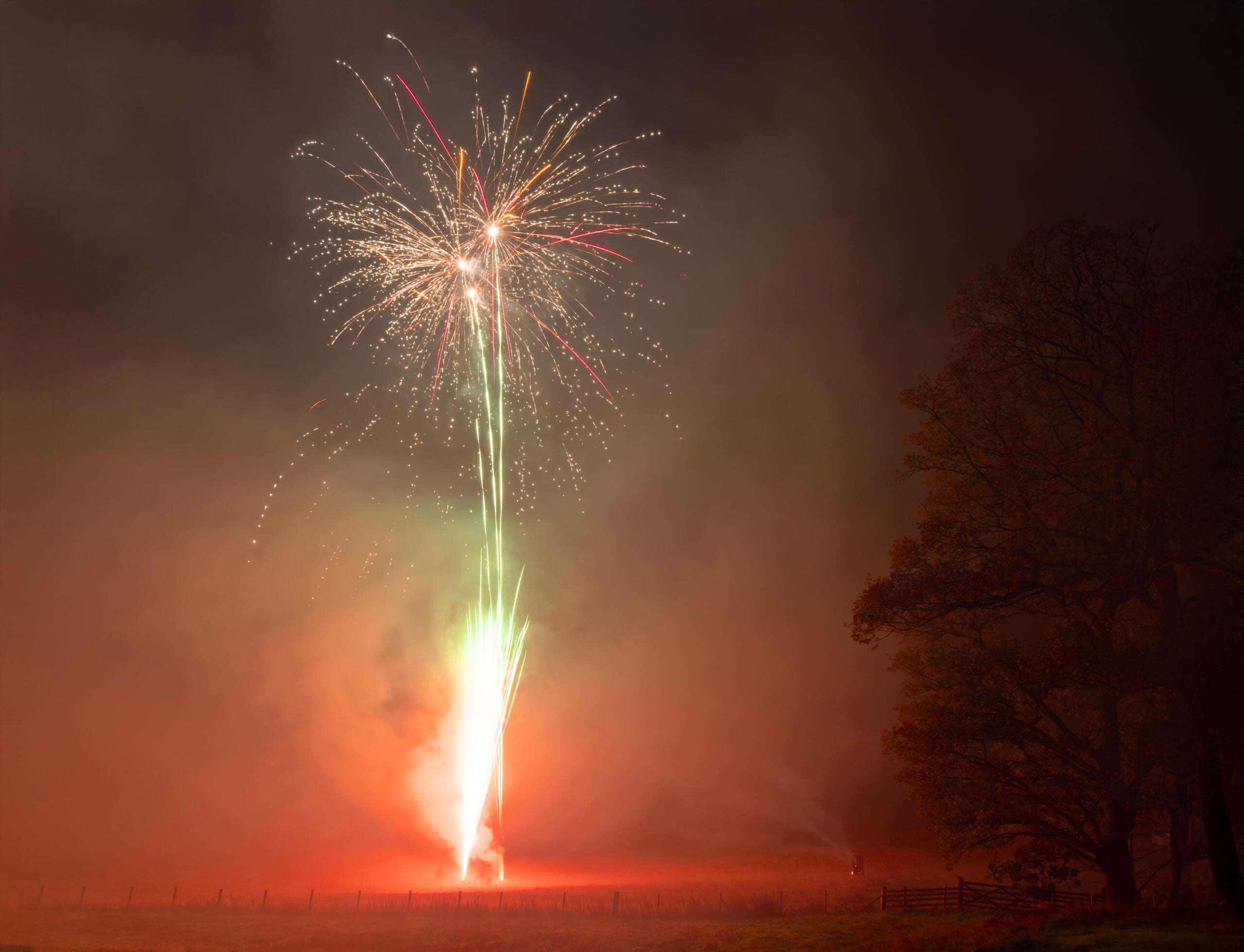 Coloridos fuegos artificiales explotan en el cielo nocturno, iluminando un campo brumoso con siluetas de árboles a la derecha y una valla en primer plano. Los fuegos artificiales emiten luces rojas y verdes y toda la escena brilla.