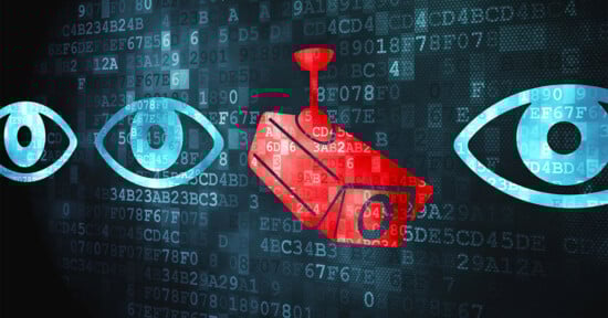 Illustration of a red surveillance camera between two blue eye icons, set against a background of digital binary code, symbolizing digital surveillance and data monitoring.