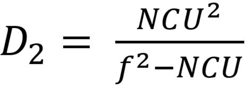 The image shows the equation: D sub 2 equals NCU squared divided by f squared minus NCU.