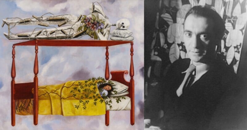 A surreal painting of a person in bed with skeleton and flowers above, beside a black-and-white portrait of a man in a suit sitting in front of a patterned background.
