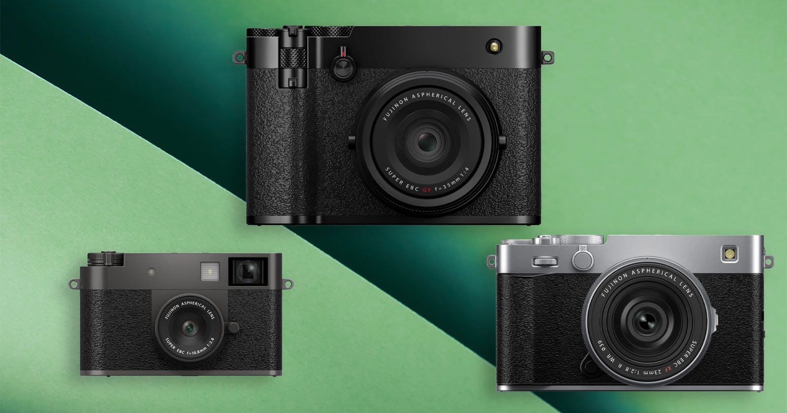 Three compact cameras with textured grips are displayed against a green, diagonally split background. The top camera is black, the lower left is black, and the lower right has a silver and black body.