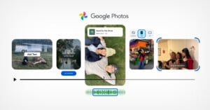 A Google Photos interface displays various photo editing features, including adding text, using templates, repositioning images, selecting aspect ratios, and editing audio, with sample photos and icons shown.