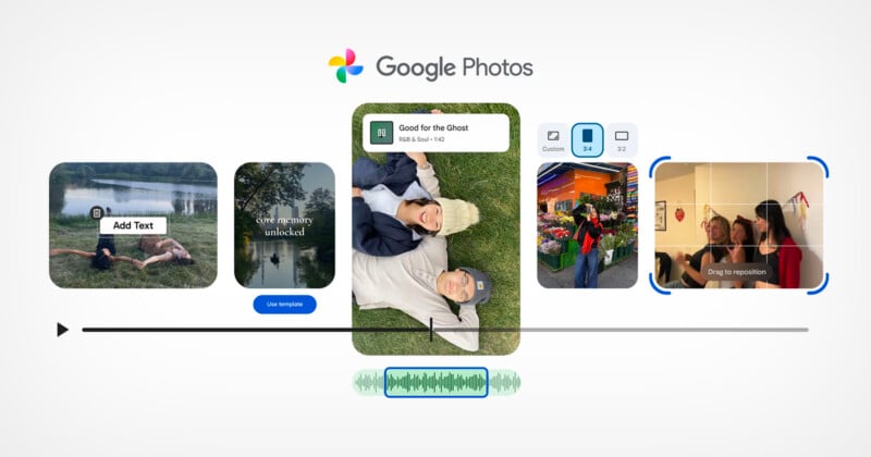 La interfaz de Google Photos muestra varias funciones de edición de fotografías, incluida la adición de texto, el uso de plantillas, la reposición de imágenes, la selección de relaciones de aspecto y la edición de audio, y muestra fotografías e íconos de muestra.
