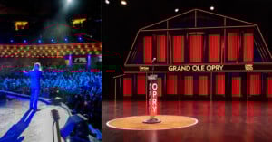 A performer addresses a large, seated audience on a brightly lit theater stage; adjacent is a close-up of the Grand Ole Opry stage with a signature red and white podium and illuminated barn backdrop.