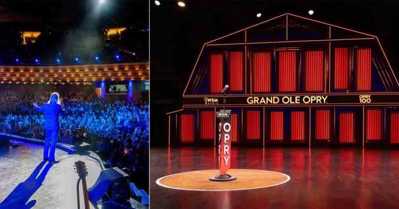 Los artistas se dirigen a una gran audiencia sentada en un escenario de teatro brillantemente iluminado; al lado hay un primer plano del escenario Grand Ole Opry, con su icónico podio rojo y blanco y un fondo de granero iluminado.