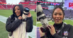 Two women stand on football fields, each smiling and holding a professional camera with a large lens. Both wear media credentials and jackets, with stadium seats and NFL branding visible in the backgrounds.