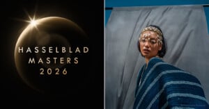 Split image: Left shows "Hasselblad Masters 2026" text over a dark eclipse background. Right shows a woman in blue clothing and decorative headpiece posing against a gray backdrop.