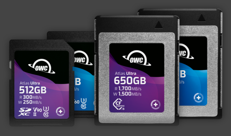 Se muestran una al lado de la otra cuatro tarjetas de memoria OWC Atlas Ultra de diferentes tamaños y tipos, con capacidades de almacenamiento de 512 GB y 650 GB respectivamente. Las especificaciones de velocidad de lectura y escritura también están marcadas en la etiqueta.