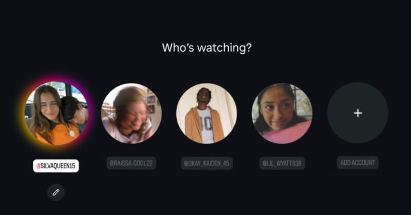 A streaming service profile selection screen displays five accounts with profile pictures, usernames, and an option to add a new account. The text at the top reads, "Who’s watching?.