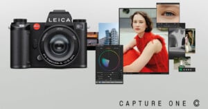 A Leica camera is shown alongside several digital photo editing windows featuring a woman in red, architecture, and editing tools. The Capture One logo is at the bottom right.