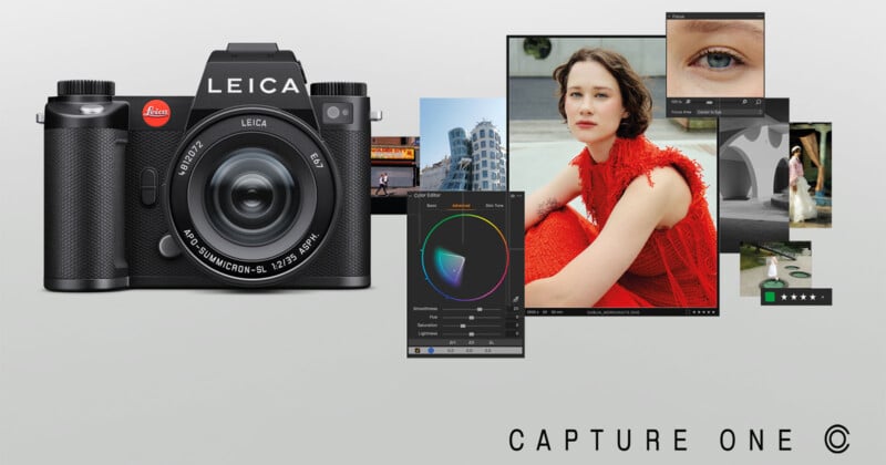 Se muestra una cámara Leica junto con varias ventanas de edición de fotografías digitales que muestran a una mujer vestida de rojo, arquitectura y herramientas de edición. El logotipo de Capture One está en la esquina inferior derecha.