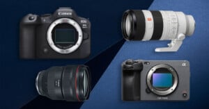 Four camera-related products are displayed on a blue background: a Canon EOS R6 Mark II body, a Canon RF lens, a Sony telephoto lens, and a Sony mirrorless camera body.