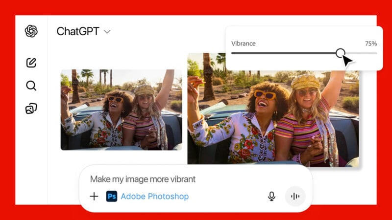 Two women in colorful clothes and sunglasses laugh and pose in a convertible on a sunny day. A vibrance slider is set to 75%, making the right photo look more colorful. Text at the bottom suggests using Adobe Photoshop.