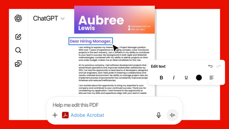 A screenshot shows a PDF cover letter with "Aubree Lewis" at the top. The text "Dear Hiring Manager," is highlighted. Edit options appear beside the text, and the phrase "Help me edit this PDF" shows an Adobe Acrobat icon below.