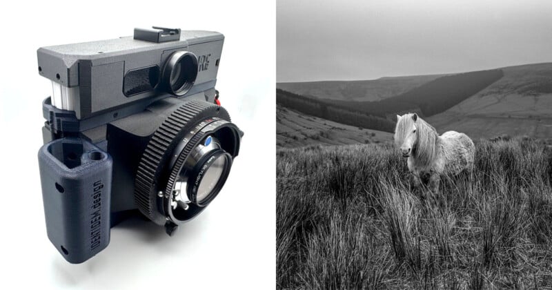 On the left, a close-up of a modern, 3D-printed film camera. On the right, a black and white photo of a pony standing in tall grass on hilly terrain under a cloudy sky.