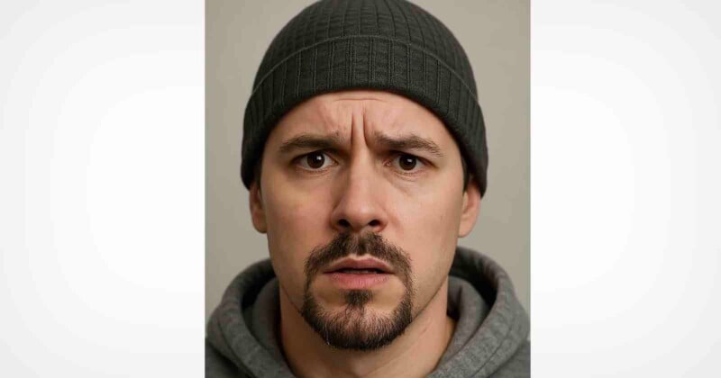 Un hombre que lleva un gorro oscuro y una sudadera con capucha mira hacia adelante, con el ceño fruncido y la boca ligeramente abierta, pareciendo confundido o preocupado. El fondo es liso y neutro.