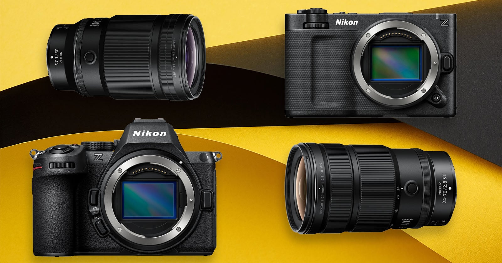 Four Nikon Z series camera bodies and lenses are displayed on a yellow and black abstract background. Two camera bodies and two interchangeable lenses are arranged diagonally and viewed from different angles.
