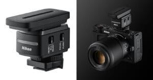 Close-up of a Nikon camera accessory on the left, and on the right, the accessory mounted on top of a Nikon mirrorless camera with a lens, all shown against a dark background.