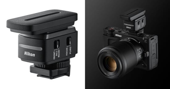 Close-up of a Nikon camera accessory on the left, and on the right, the accessory mounted on top of a Nikon mirrorless camera with a lens, all shown against a dark background.