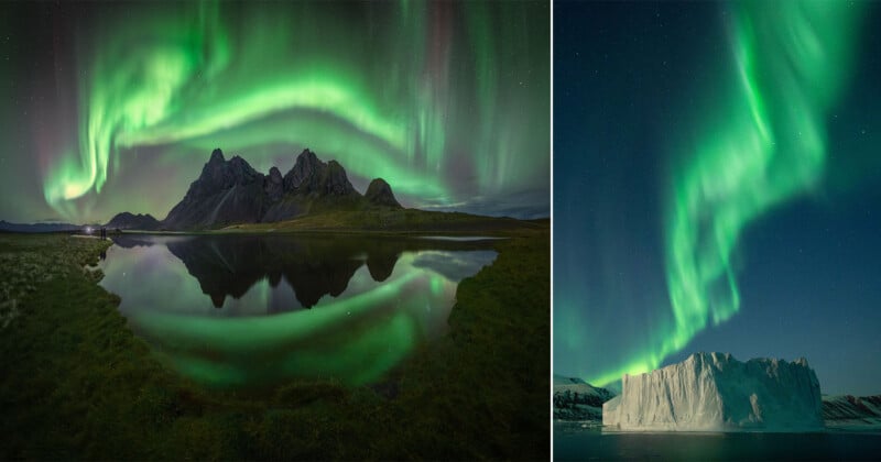 Imagen dividida: a la izquierda, la aurora boreal verde se arremolina sobre montañas escarpadas y se refleja en un lago en calma; a la derecha, la aurora boreal verde baila sobre un gran iceberg bajo un cielo nocturno estrellado.