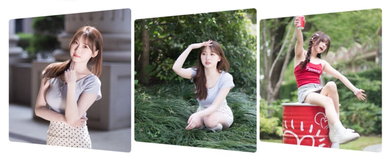 A young woman in a light grey top and polka dot skirt poses outdoors in three settings: standing, sitting on grass, and sitting on a red soda barrel holding a drink, surrounded by greenery.