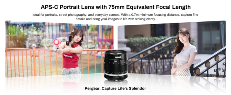 Two photos of a young woman outdoors are shown on either side of a 75mm Pergear portrait lens. Text above highlights the lens's features for portraits, street photography, and close-up image clarity.