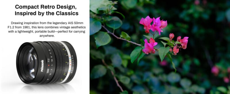 A marketing image for a compact retro camera lens features product details on the left with a photo of a camera lens, and a vibrant close-up of pink flowers with green leaves on the right.