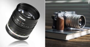Split image: On the left, a close-up of a Pergear camera lens with visible markings. On the right, a vintage-style camera with a wood grip rests on a closed book, under soft natural light.