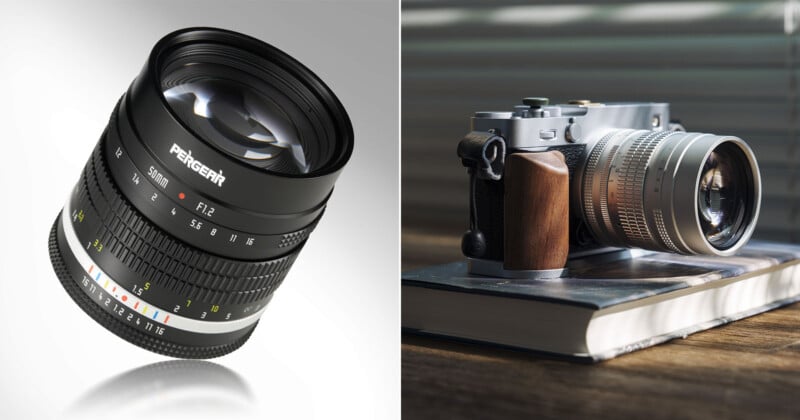 Split image: On the left, a close-up of a Pergear camera lens with visible markings. On the right, a vintage-style camera with a wood grip rests on a closed book, under soft natural light.