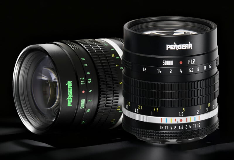 Two Pergear 50mm F1.2 camera lenses are displayed against a black background, showing detailed focus, aperture markings, and brand logos in green and white lettering.