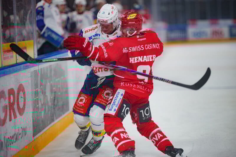 Dos jugadores de hockey sobre hielo golpean la pista durante un partido. El jugador de rojo número 9 controla al jugador de blanco. Ambos sostienen garrotes y usan cascos con gafas. Al fondo se pueden ver espectadores y otros jugadores.