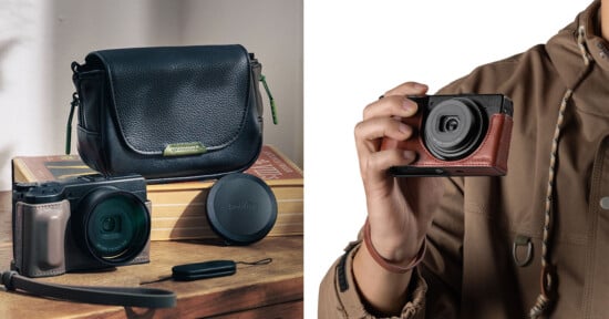 A small black camera, a leather camera bag, and a lens cap sit on books; on the right, a person in a brown jacket holds a similar camera with a brown grip against a white background.