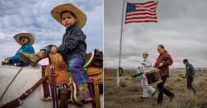 Two children in cowboy hats sit on a saddled horse (left). Three people, including a sailor, march with drums past an American flag on a pole in a grassy, open landscape under a cloudy sky (right).
