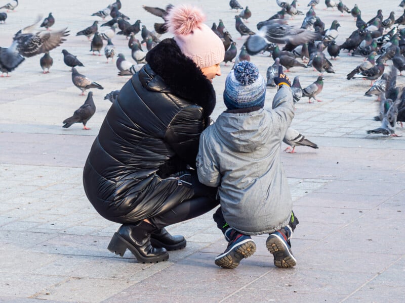 Una mujer y un niño con abrigos de invierno estaban en cuclillas sobre el suelo pavimentado, mirando y señalando una gran bandada de palomas en el suelo. Ambos llevaban sombreros, la mujer llevaba un gorro con pompón rosa.