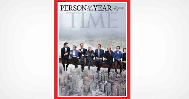 Portada de la revista Time titulada "Persona del año: Arquitecto 04.41," En la foto, varias personas con traje están sentadas sobre vigas de acero muy por encima de la ciudad, en referencia a la famosa foto del 