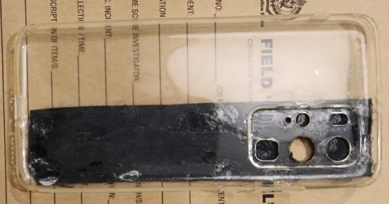 Una funda de teléfono móvil con marcas de quemaduras y residuos, que muestra daños graves, se coloca sobre una hoja de evidencia marrón con una etiqueta "sitio" Ubicado en la parte superior con texto adicional visible debajo.