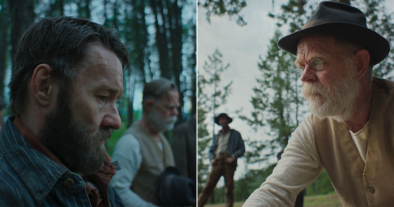 Two split-screen scenes: On the left, three adult men with serious expressions sit outdoors among trees; on the right, an older man with a white beard, hat, and glasses leans forward, with trees and two blurred figures in the background.