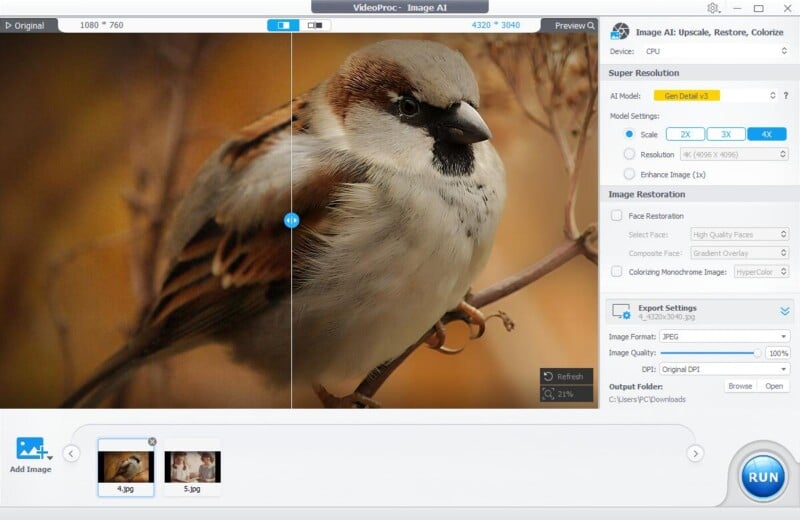 Captura de pantalla del software VideoProc que muestra cómo se mejora la imagen del gorrión. El lado izquierdo está borroso y el lado derecho está claro. Las opciones de edición y la configuración de exportación se muestran en el panel derecho.