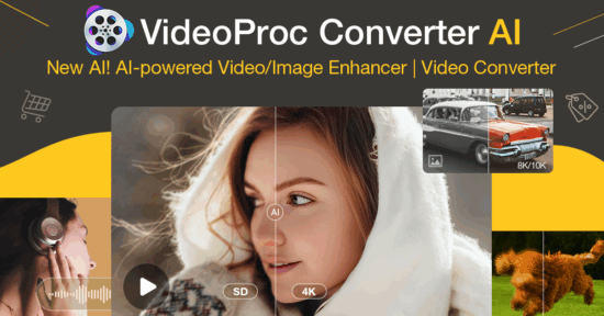 Promotional banner for VideoProc Converter AI, featuring split images showcasing AI-powered video and image enhancement. The banner includes examples of upscaled visuals, headphones, a classic car, and icons symbolizing video and shopping.