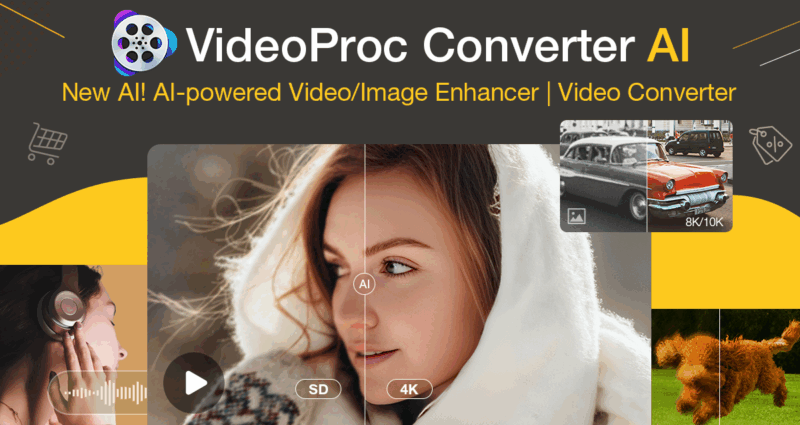 Banner promocional para VideoProc Converter AI, que presenta imágenes segmentadas que demuestran la mejora de imágenes y videos impulsados ​​por IA. El banner incluye ejemplos de imágenes mejoradas, auriculares, autos clásicos e íconos que simbolizan videos y compras.