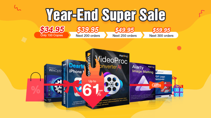 El banner de superoferta de fin de año presenta una caja de software con descuento, que incluye VideoProc Converter AI, con precios que comienzan en $34,95 para los primeros compradores y ofrece un descuento del 61% y un obsequio con un fondo colorido.