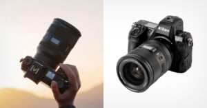 Side-by-side images of a Nikon camera: on the left, a hand holds the camera outdoors against a bright sky; on the right, the camera is shown alone on a plain white background.