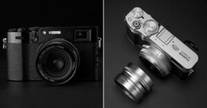 Split image: On the left, a black Fujifilm camera facing forward; on the right, a silver Fujifilm camera viewed from above with a detached lens beside it, both on a dark background.