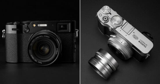 Split image: On the left, a black Fujifilm camera facing forward; on the right, a silver Fujifilm camera viewed from above with a detached lens beside it, both on a dark background.